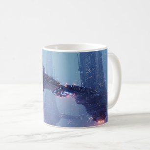 Taza De Café Paisaje urbano futurista con estructuras flotantes