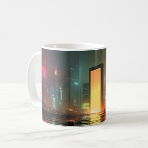 Taza De Café Paisaje urbano futurista con reflejos de neón