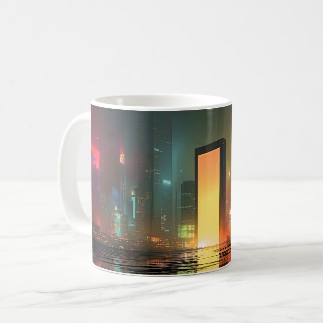 Taza De Café Paisaje urbano futurista con reflejos de neón (Anverso izquierdo)