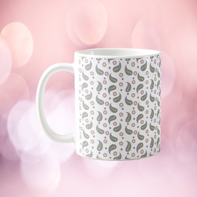 Taza De Café Paisley Flowers Dots Green Rosa Purple (A mug with a paisley, flower and polka dot pattern done in purple, green, pink and blue)