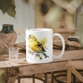 Taza De Café Pájaro Amarillo Acuarela Naturaleza