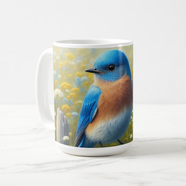 Taza De Café Pájaro azul encaramado en la cerca de madera (Anverso izquierdo)