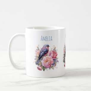Taza De Café Pájaro Cantando sobre Peonías Rosadas