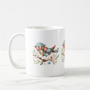 Taza De Café Pájaro Cantante de Patchwork en Rama Florida