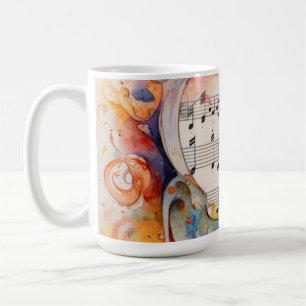 Taza de café pájaro cantor musical notas de acuare
