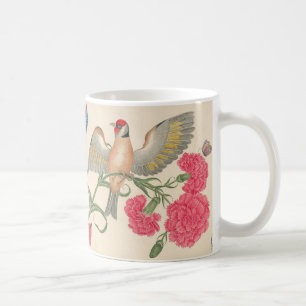 Taza De Café Pájaro con cabeza roja, claveles y mariposas