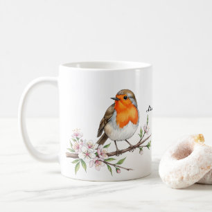 Taza De Café Pájaro estilo Robin en rama floral nombre personal