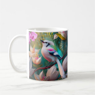 Taza De Café Pájaro Fantasía de Cresta Blanca y Pecho Rosado