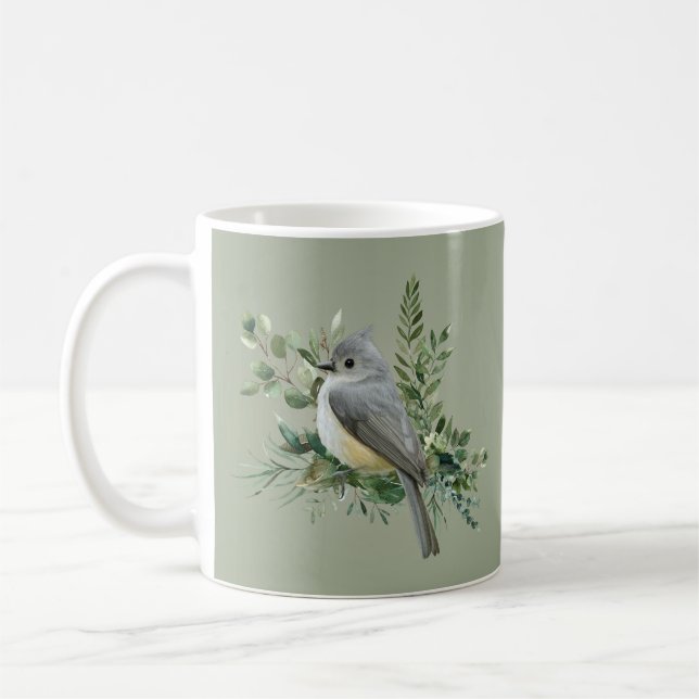 Taza De Café Pájaro gris sobre fondo verde aceituna (Izquierda)