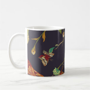 Taza De Café Pájaro vintage, mariposa, acuarela de bordado.
