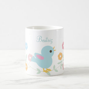 Taza De Café Pájaro y flores personalizados de Kawaii