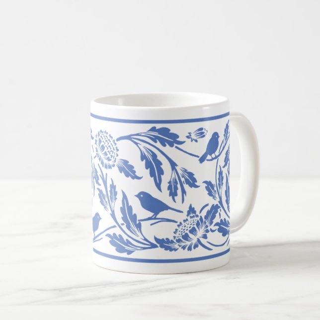 Taza De Café Pájaros azules y blancos y peluca de flores (Anverso derecho)