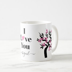 Taza De Café Pájaros de amor rosados árbol de cerezo sakura y f