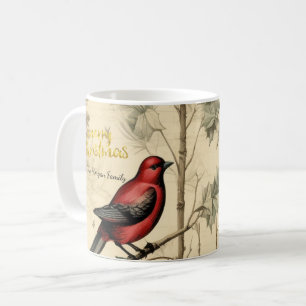 Taza De Café Pájaros de Navidad vintage con acebo y bayas