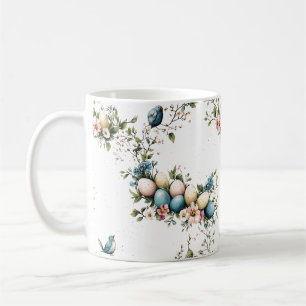 Taza De Café Pájaros de Pascua y flores de primavera en acuarel