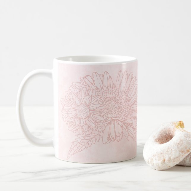 Taza De Café Pale Pink Grunge with Name and Chrysanthemums (Con donut)