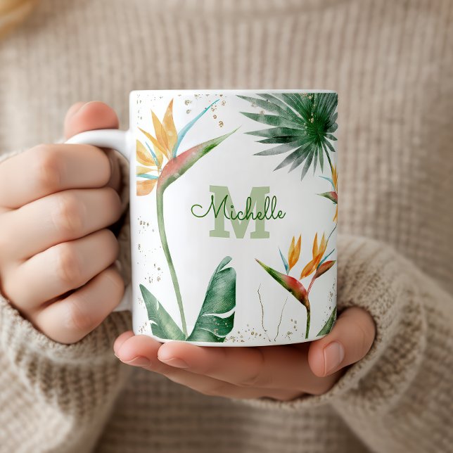 Taza De Café Palm Foliage Tropical Floral Monograma Script Gold (Subido por el creador)