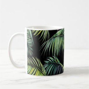 Taza De Café Palm Leaves: Acuarela de fondo negro.