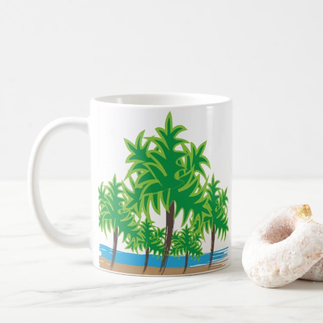 Taza De Café Palm Trees Watercolor Beach Tropical (Con donut)