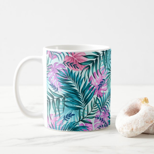 Taza De Café Palm tropical rosa y Verde azulada y hojas de mons (Con donut)