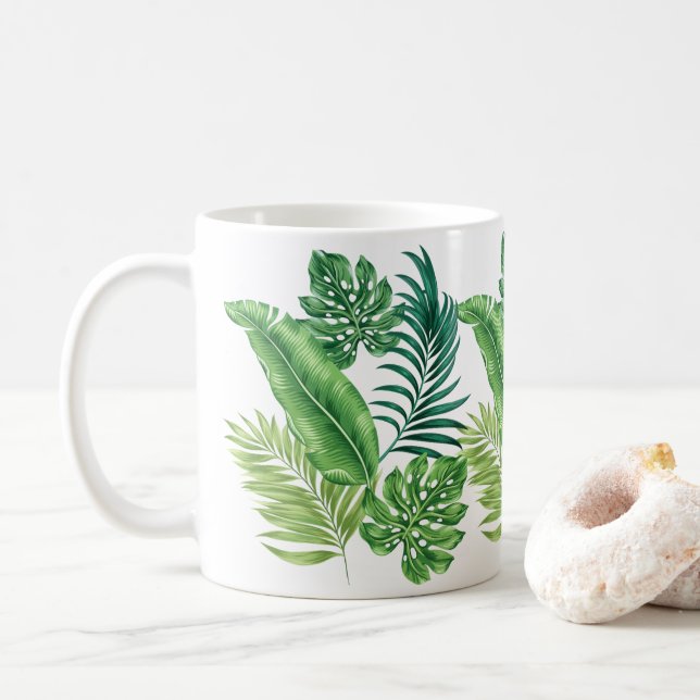 Taza De Café Palm tropical verde Banana Monstera hojas (Con donut)