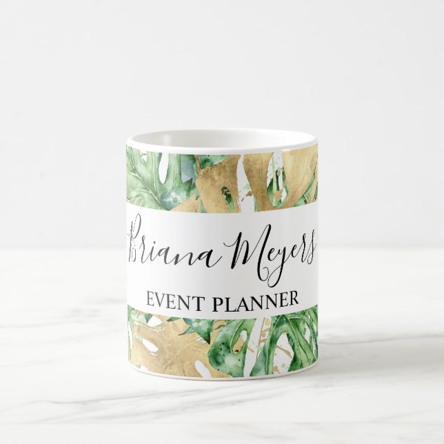 Taza De Café Palm verde deja oro tropical blanco (Centro)