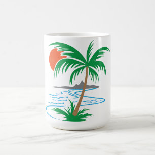 Taza De Café Palmera junto al río   Arte de puesta de sol tropi