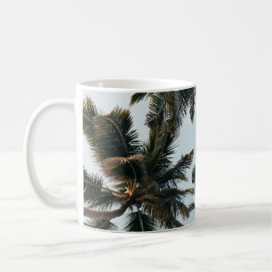 Taza De Café Palmera verde bajo cielo blanco por la mañana