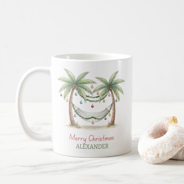 Taza De Café Palmeras de Navidad Costeras con Hamaca (Con donut)