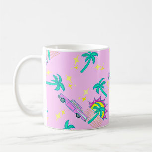 Taza De Café palmeras retro rosadas y coche