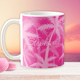 Taza De Café Palmeras Tropicales Monogramadas Rosa Caliente