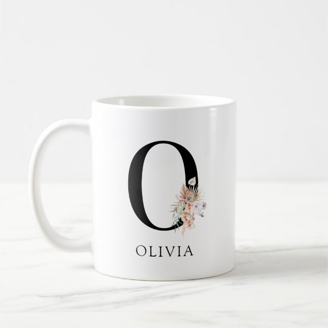 Taza De Café Palmetto floral rosa deja monograma acuarela (Izquierda)