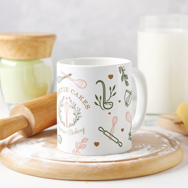 Taza De Café Panadería con Utensil de horneado y cocción rosa y (Pink & Olive Green Baking & Cooking Utensil Bakery Coffee Mug)