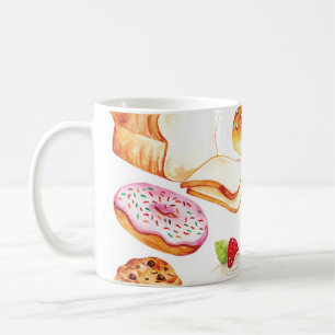 Taza De Café Panadería de época y doodle de color de agua pas