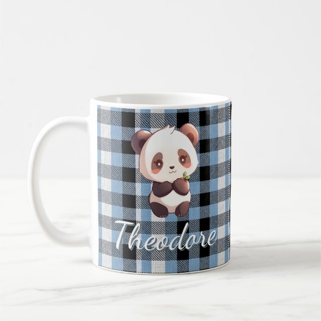 Taza De Café Panda a cuadros azules personalizado (Izquierda)