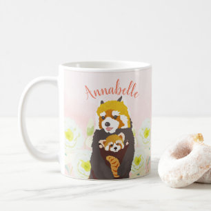 Taza De Café Panda Roja Floral Rosa Personalizada Mamá Bebé Mug