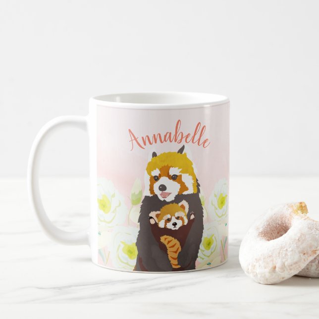Taza De Café Panda Roja Floral Rosa Personalizada Mamá Bebé Mug (Con donut)