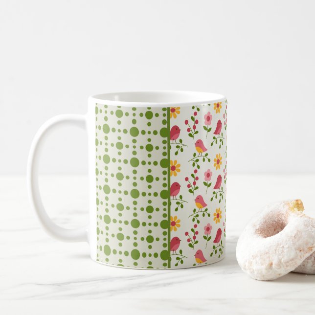 Taza De Café Panel de aves de primavera rosada retro (Con donut)