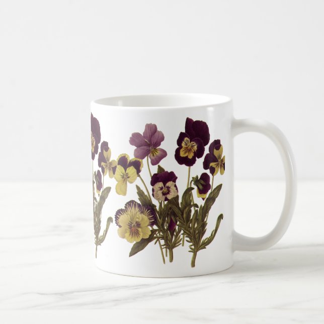 Taza De Café Pansias antiguas en flor, flores de jardín floral (Derecha)