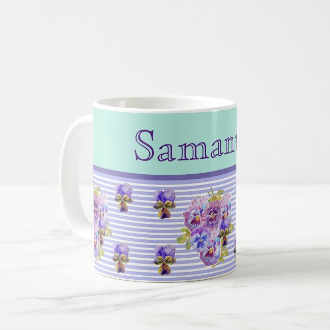 Taza De Café Pansy Flower Aqua Stripe arte Personalizable flora (Anverso izquierdo)
