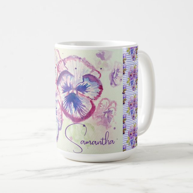Taza De Café Pansy Pansies Morado Acuarela Flor Floral Rosa (Anverso derecho)