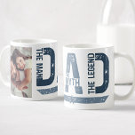 Taza De Café Papá El Hombre El Mito La Leyenda La Foto Del Pers<br><div class="desc">Celebra a papá como el héroe supremo con este audaz y personalizado diseño de tazas. Con un espacio dedicado a tu foto favorita junto con una tipografía fuerte y angustiada que le proclama "El hombre, el mito, la leyenda", este diseño crea un tributo poderoso y sincero. Personalizar con tu preciada...</div>