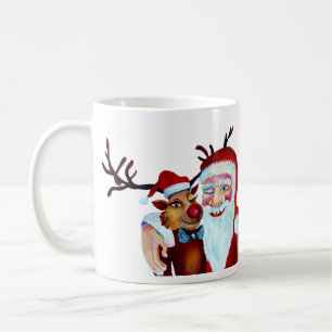 Taza De Café Papá Noel Rudolf sonriendo a carcajadas acuarela