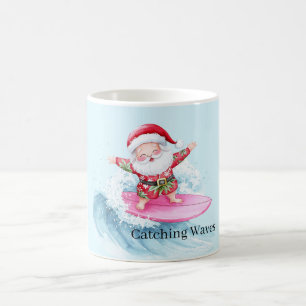 Taza De Café Papá Noel surfista atrapando una ola