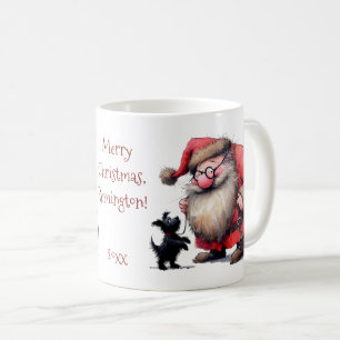 Taza De Café Papá Noel y cachorro negro con nombre, texto rojo