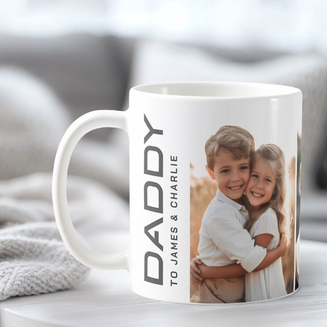 Taza De Café Papi a los niños nombra día de foto padres (Daddy to kids names photo fathers day coffee mug)