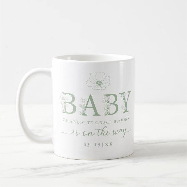 Taza de café para anuncio de bebé con flores silve (Izquierda)