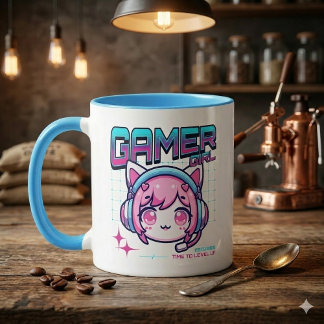 Taza de café para gato de chica jugadora