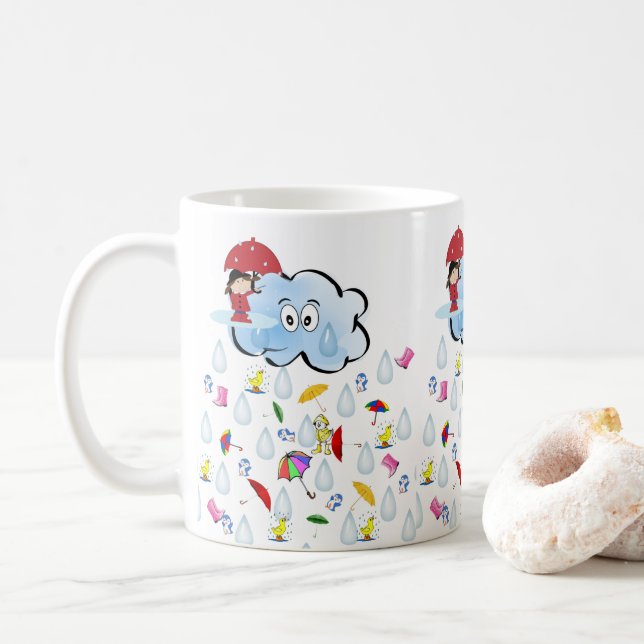 Taza De Café Paraguas Rojo Felices Nubes Lluvia Mug (Con donut)