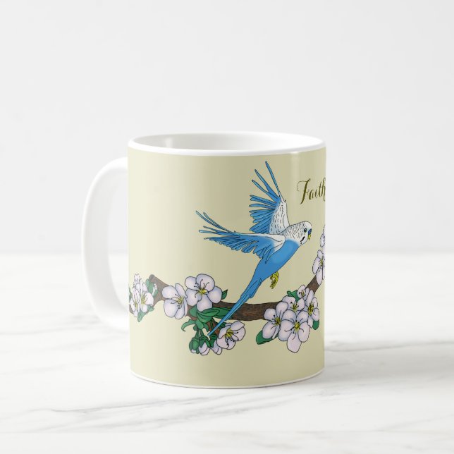 Taza De Café Paraíso azul volador y flores, y "fe" (Anverso izquierdo)
